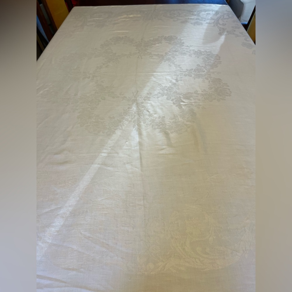 Vintage Square Linen White Damask Table Cloth